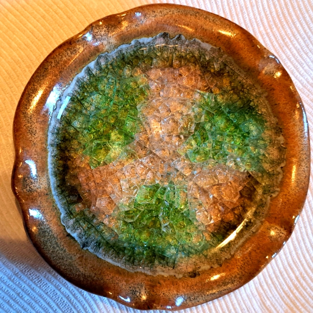 Down To Earth Pottery Ashtray Candle Holder Dish Recycled Crackled Fused Glass